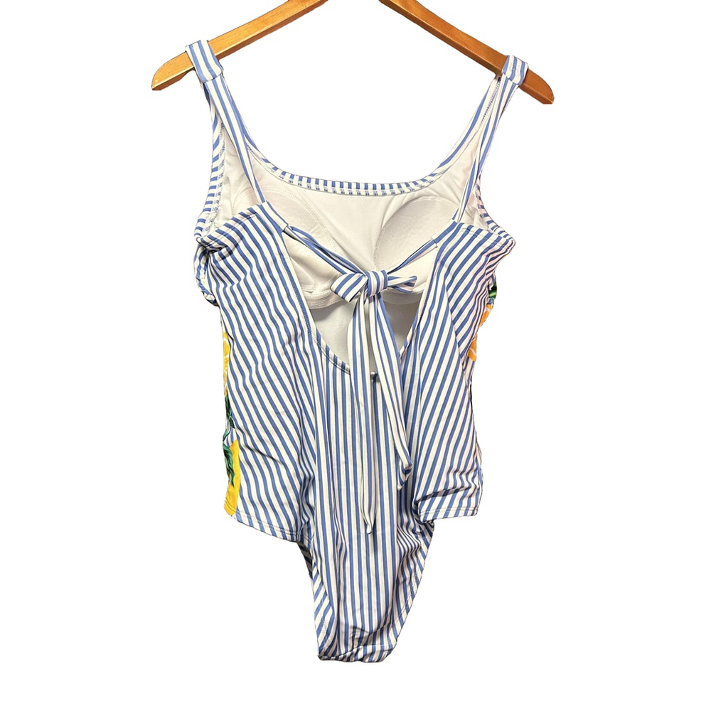 Kona Sol Lemon Stripe Tie Back One Piece Swimsuit Bathing Suit Size L - Picture 3 of 8